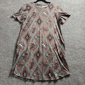 Western Rodeo Diamond Geometric Print T-Shirt Dress Short Sleeve Turquoise Brown